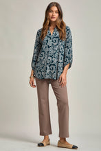 Midnight Teal Paisley Mandarin Neckline 3/4 Sleeve Blouse Top