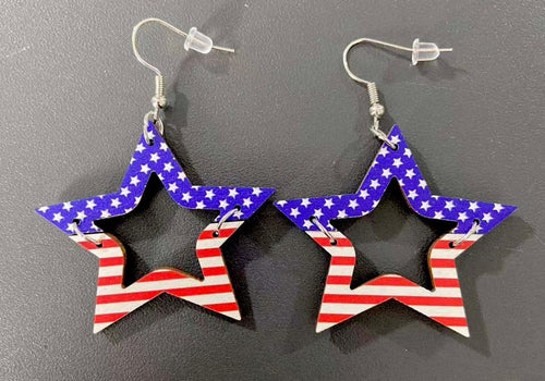 4th of July Cut Out Dangle Wooden Star Earrings