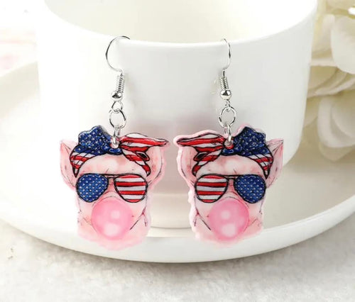 4th of July Pink Bubble Gum Blowing Pig Acrylic Earrings