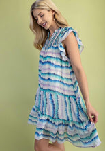 Blue Mix Dye Striped Smoked Yoke Flutter Sleeve Mini Dress