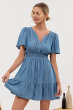 Blue Chambray Flounce Sleeve Ruffle Hem Dress