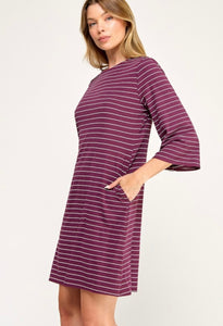Wine Striped 3/4 Bell Sleeve Shift Dress