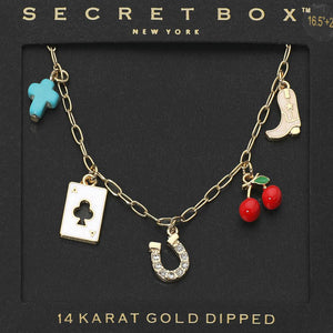 14K Gold Dipped Western Horseshoe Cowboy Boot Cross Playing Card Cherry Charm Station Paperclip Chain Necklace