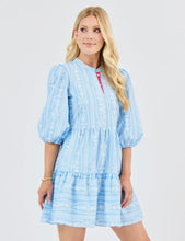 Multi Blue 3/4 Sleeves Tiered Striped Tulip Tapestry Dress
