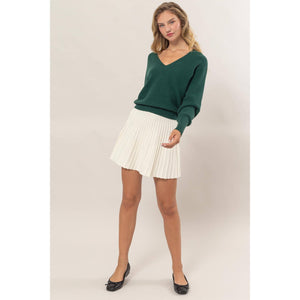 Black High-Waist Knit Pleated Flare Mini Skirt