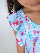 RuffleButts Girls Blue Mermaid Princess Butterfly Sleeve One Piece Swimsuit