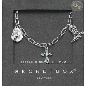 Silver 14K Gold Dipped Western Hat Boot Cross Turquoise Heart Stone Charm Station Paperclip Chain Necklace