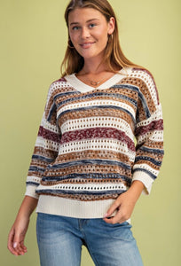 Burgundy Striped Crochet Knit Sweater