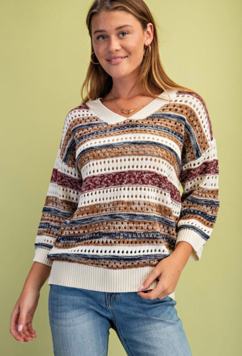 Burgundy Striped Crochet Knit Sweater