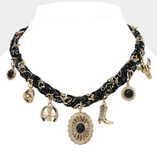 Burgundy/Gold Western Themed Charm Fabric Braided Necklace