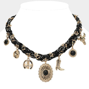 Burgundy/Gold Western Themed Charm Fabric Braided Necklace
