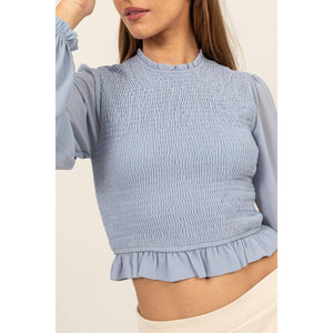 Dusty Blue Smocked Long Sleeve Ruffle Hem Top