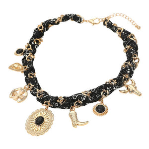 Beige/Gold Western Themed Charm Fabric Braided Necklace