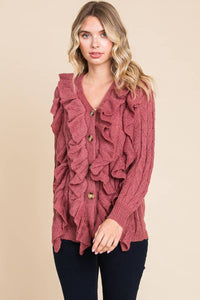 Mauve Button Up Cascade Ruffle Cardigan Sweater