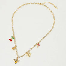 14k Gold Dipped Honey Bee Honey Comb Cherry Flower Mushroom Charm Station Paperclip Chain Necklace