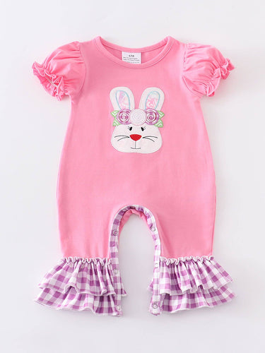Pink infant girls rabbit ruffle plaid hem romper