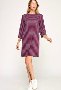 Wine Striped 3/4 Bell Sleeve Shift Dress
