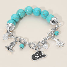 Silver Western Cowboy Hat Boot Flower Pearl Charm Beaded Stretch Bracelet