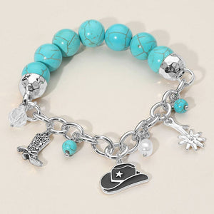 Silver Western Cowboy Hat Boot Flower Pearl Charm Beaded Stretch Bracelet