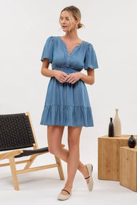 Blue Chambray Flounce Sleeve Ruffle Hem Dress