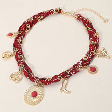 Burgundy/Gold Western Themed Charm Fabric Braided Necklace