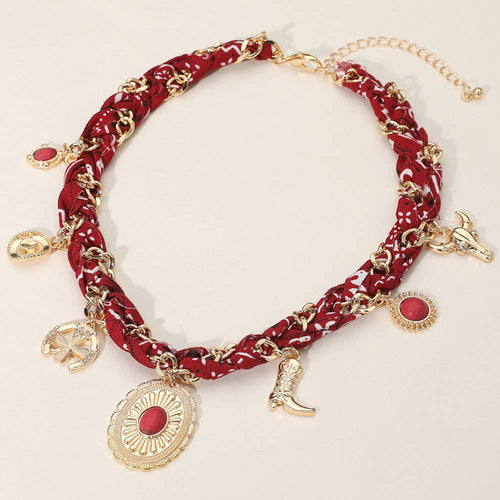 Burgundy/Gold Western Themed Charm Fabric Braided Necklace