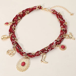Burgundy/Gold Western Themed Charm Fabric Braided Necklace