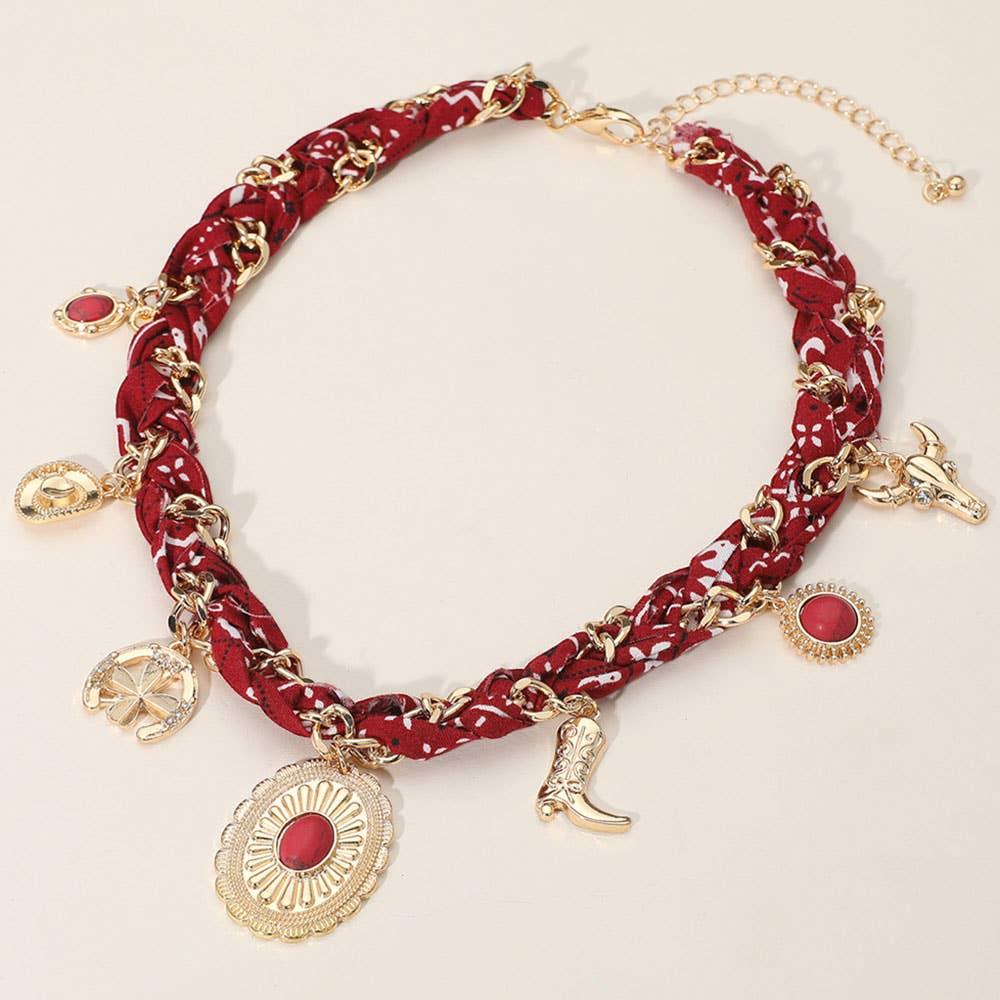 Burgundy/Gold Western Themed Charm Fabric Braided Necklace
