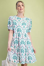 Green Palm Motif Puff Sleeve Mini Dress