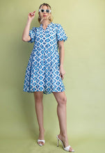 Blue Printed Puff Sleeve Mini Dress