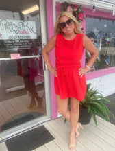 Red Sleeveless Front Knot & Back Smocking Linen Effect Romper