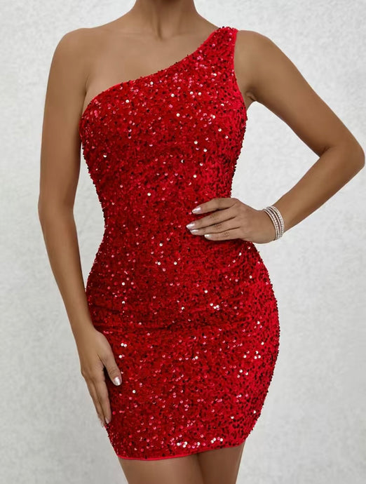 Red Velvet Sequin One Shoulder Bodycon Dress