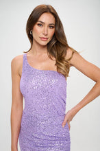 Lavender One Shoulder Sleeveless Sequin Maxi Prom Dress