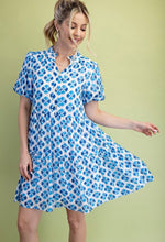 Blue Printed Puff Sleeve Mini Dress