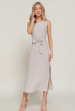 Taupe/Black Sleeveless Striped Linen Effect Midi Dress