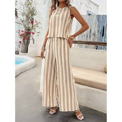 Sand Striped Sleeveless Top and Wide Leg Pants Set