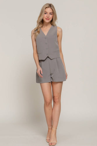 Grey V-Neckline Front Button Closure Vest & Matching Shorts