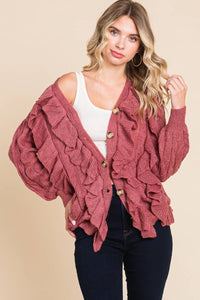 Mauve Button Up Cascade Ruffle Cardigan Sweater