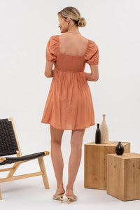 Dusty Apricot Square Neck Puff Sleeve Pleated Mini Dress