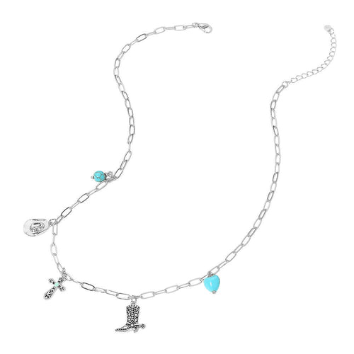 Silver 14K Gold Dipped Western Hat Boot Cross Turquoise Heart Stone Charm Station Paperclip Chain Necklace