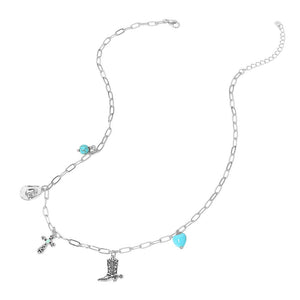 Silver 14K Gold Dipped Western Hat Boot Cross Turquoise Heart Stone Charm Station Paperclip Chain Necklace