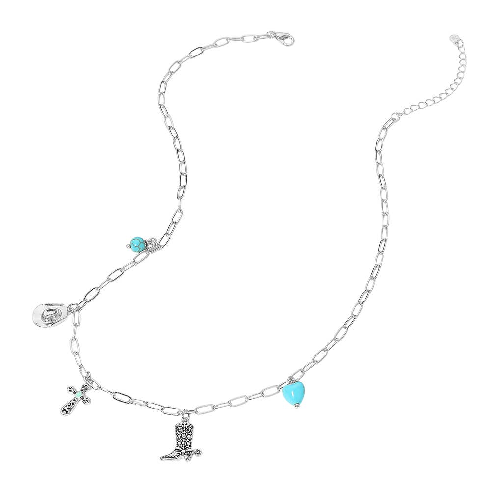 Silver 14K Gold Dipped Western Hat Boot Cross Turquoise Heart Stone Charm Station Paperclip Chain Necklace