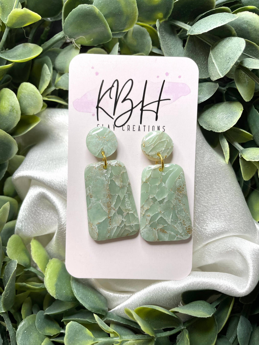 Green Marble Rectangle Dangle Handmade Clay Earrings