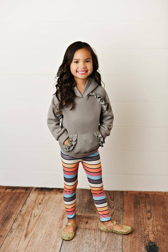 Grey 2pc Ruffle Hoodie and Rainbow Stripe Leggings Fall Set