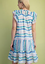Blue Mix Dye Striped Smoked Yoke Flutter Sleeve Mini Dress