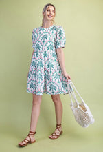 Green Palm Motif Puff Sleeve Mini Dress