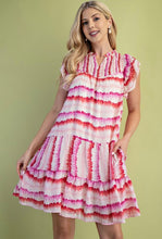 Fuchsia Mix Dye Striped Smocked Yoke Flutter Sleeve Mini Dress