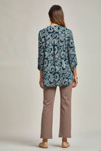 Midnight Teal Paisley Mandarin Neckline 3/4 Sleeve Blouse Top