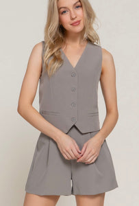 Grey V-Neckline Front Button Closure Vest & Matching Shorts