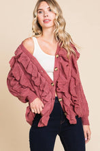 Mauve Button Up Cascade Ruffle Cardigan Sweater